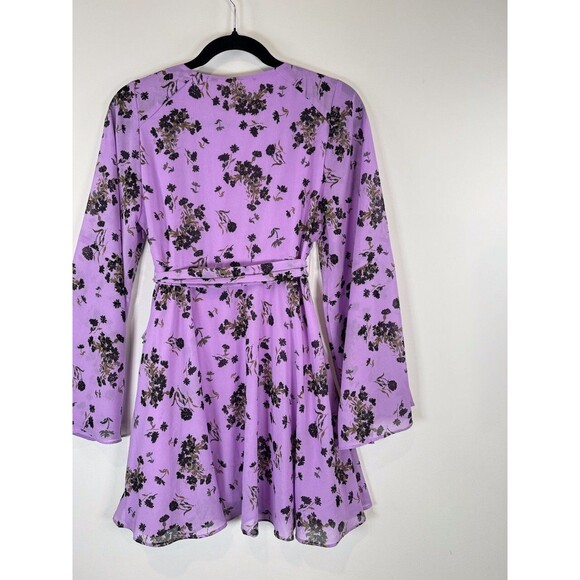 Free People Dress Purple Wisteria Mini Floral Wrap V Neck Waist Tie Fit Flare XS - Picture 8 of 9
